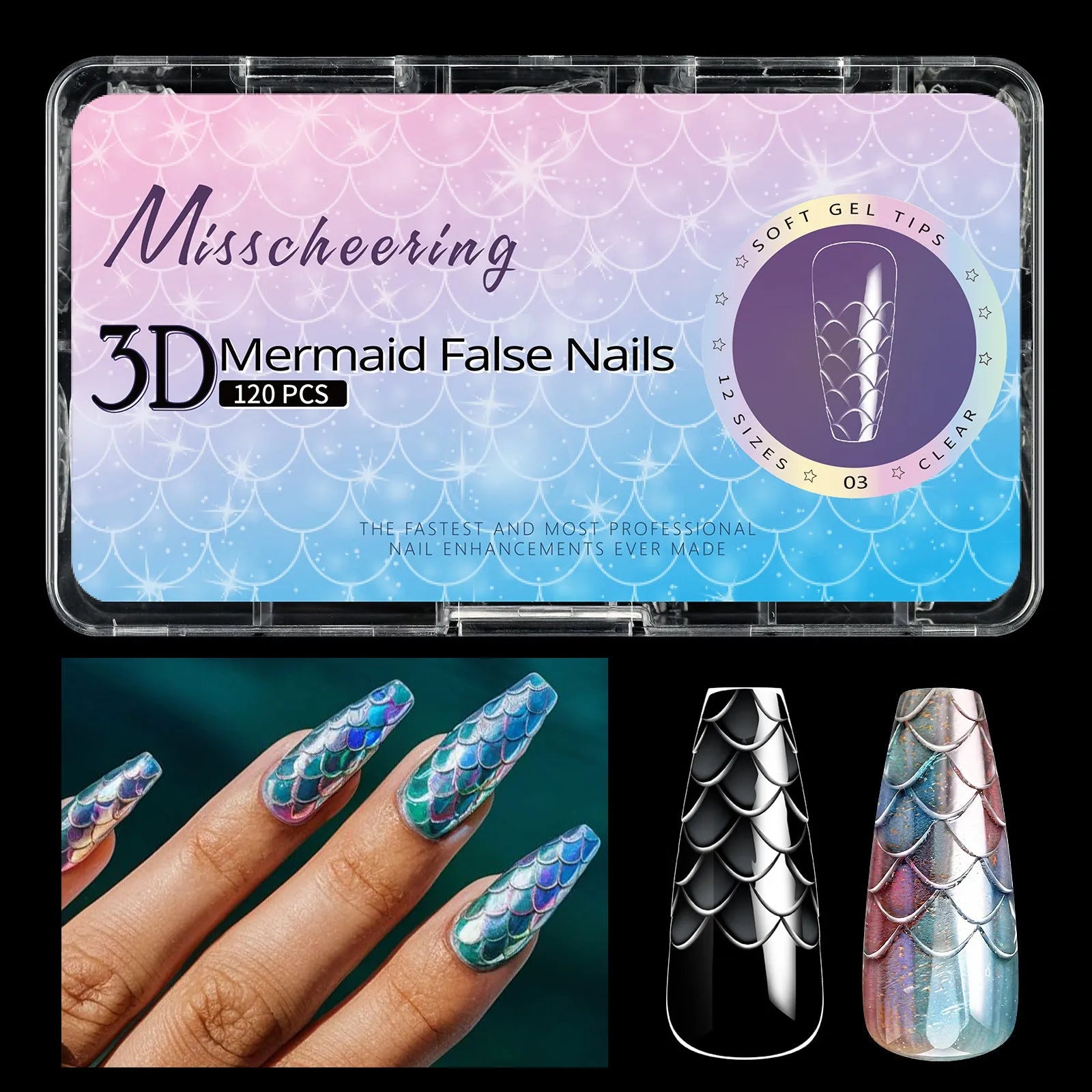 Box of 3D scale long shaping artificial nail tips in one of seven Frigate Box colour options.