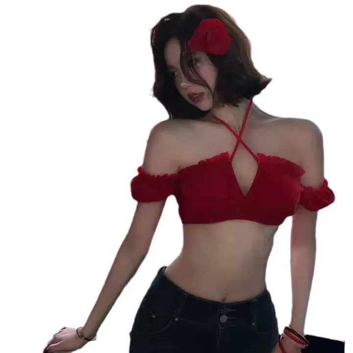 Women's red bikini swimsuit with puff sleeve skirt detail and matching briefs