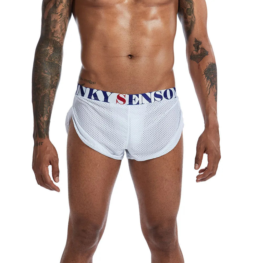 Mesh nylon men's boxer briefs in black, white, grey and wine red colours showing mid waist design