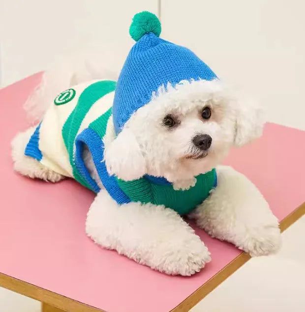 Blue striped hooded knitted pet sweater for dogs and cats autumn winter wear