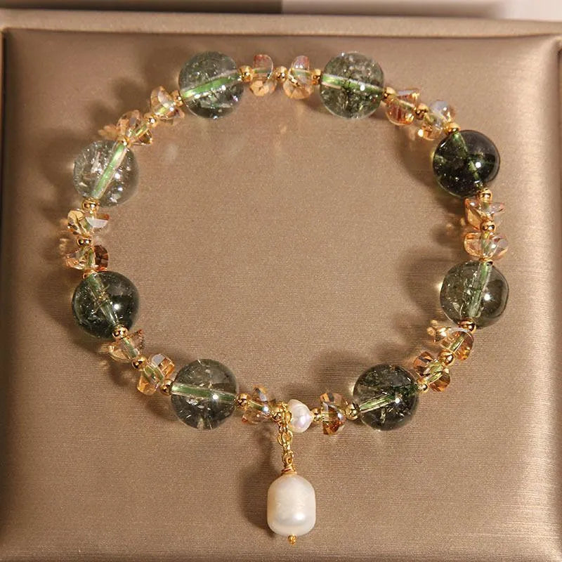 Green phantom quartz crystal bracelet with champagne small gravel crystals in Japanese Korean style