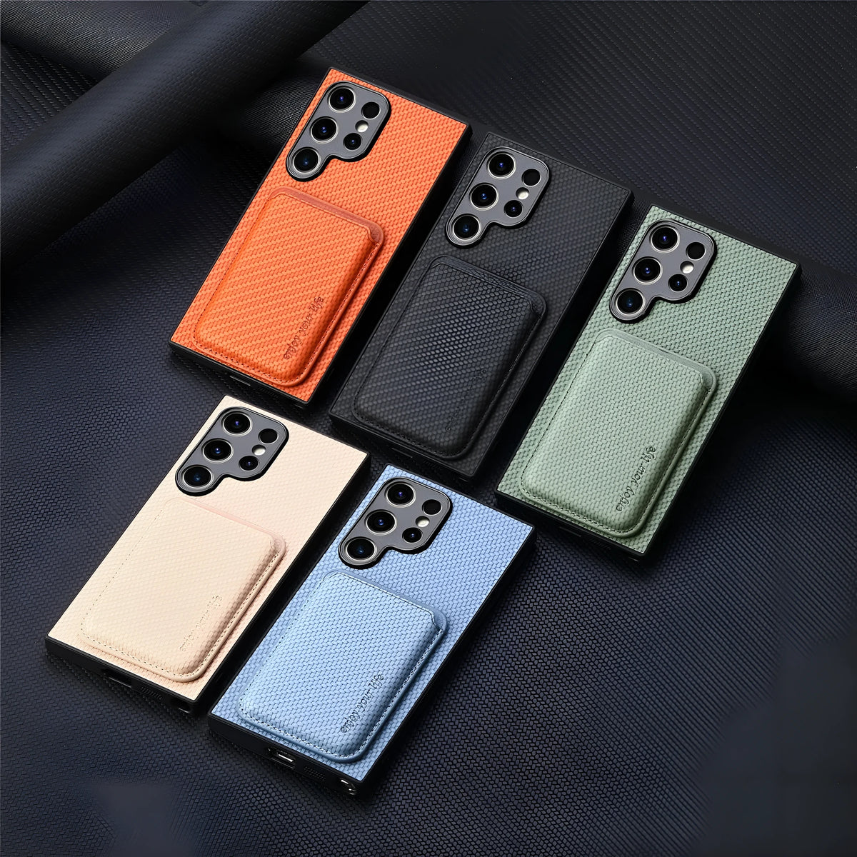 Leather phone case with built-in suction Magsafe card holder for Samsung, available in black, green, and brown.