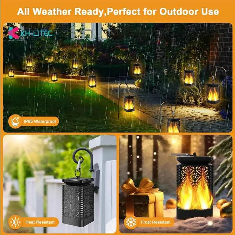Set of four black solar-powered garden lanterns with flickering flame LED lights.