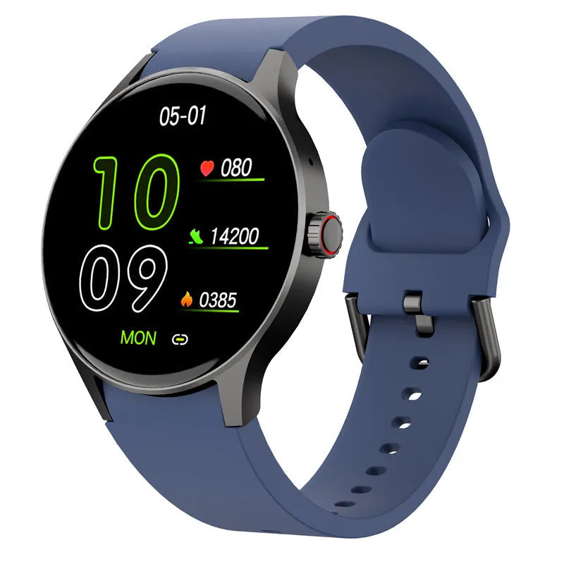 Black smart Bluetooth sport watch with a round touchscreen on a wrist, showing a fitness stats display.