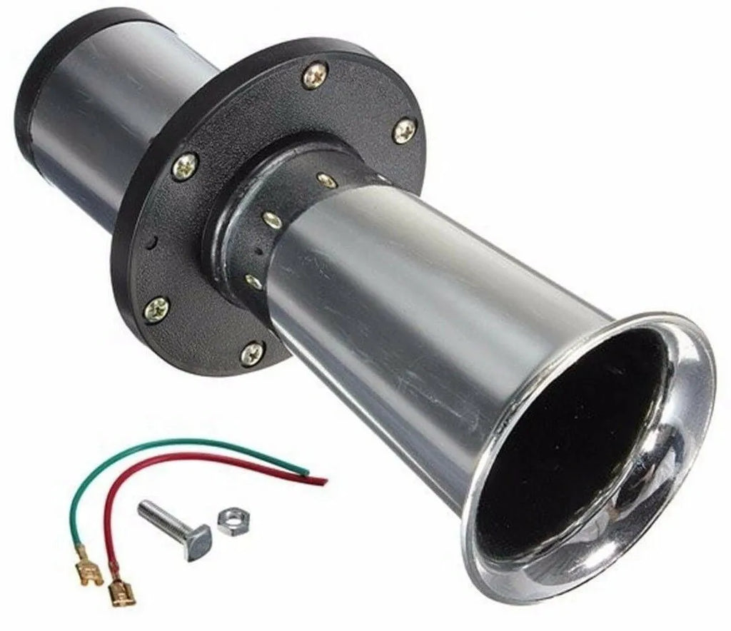 A silver and black 12v universal fit car horn for modified vehicles.