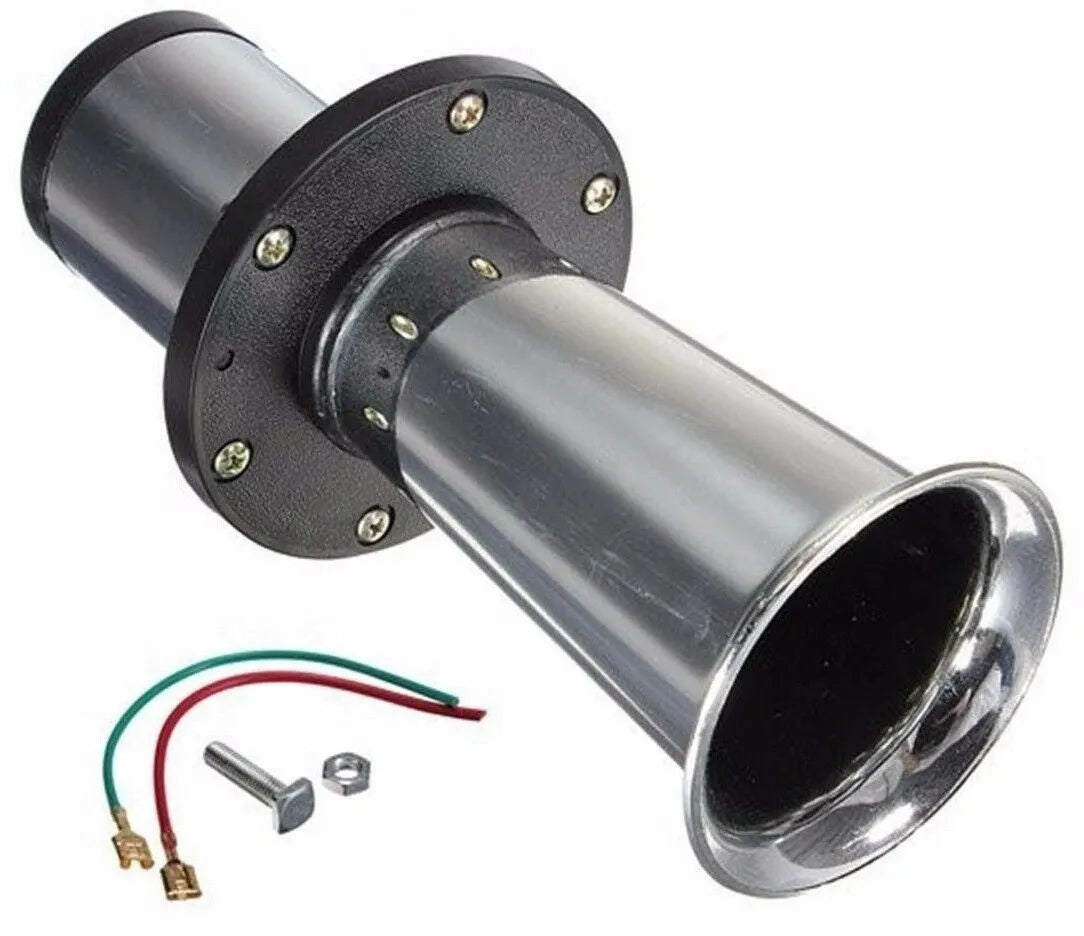 A silver and black 12v universal fit car horn for modified vehicles.