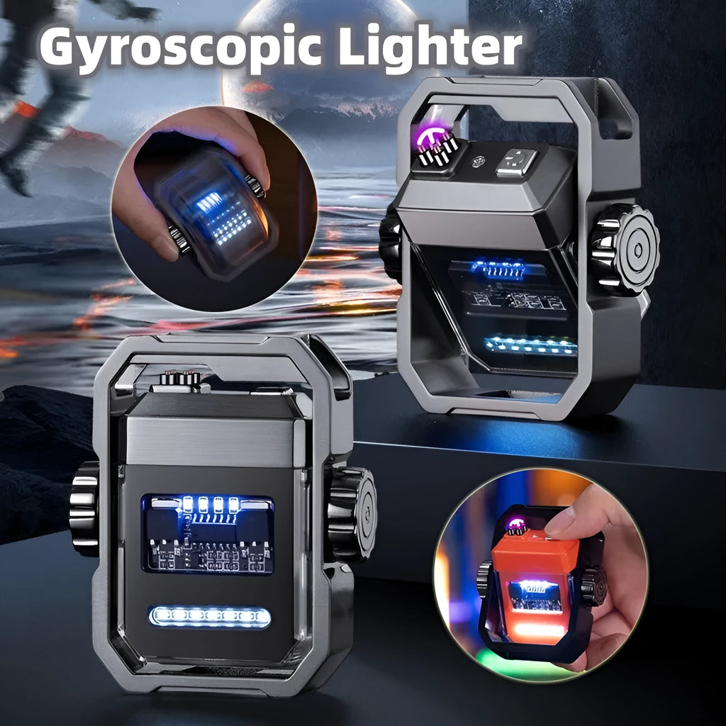 Blue windproof USB-C rechargeable Pulse Lighter with a visible double arc and mechanical gyroscope detail.