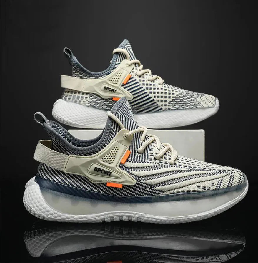 Men's white platform sneaker with woven mesh upper and flat rubber sole