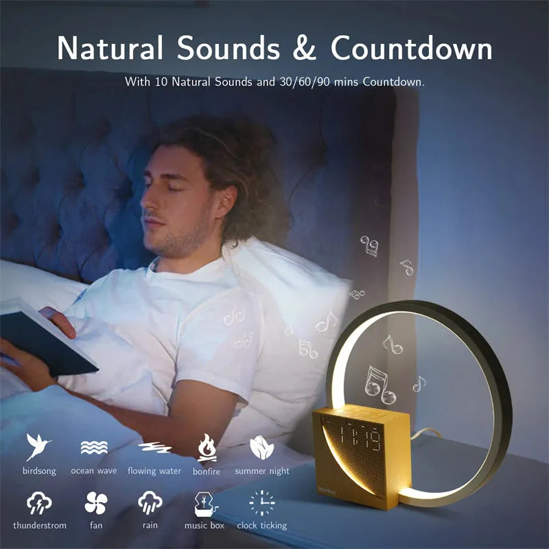 Navy blue wooden touch control bedside lamp with digital alarm clock display and natural sound functions