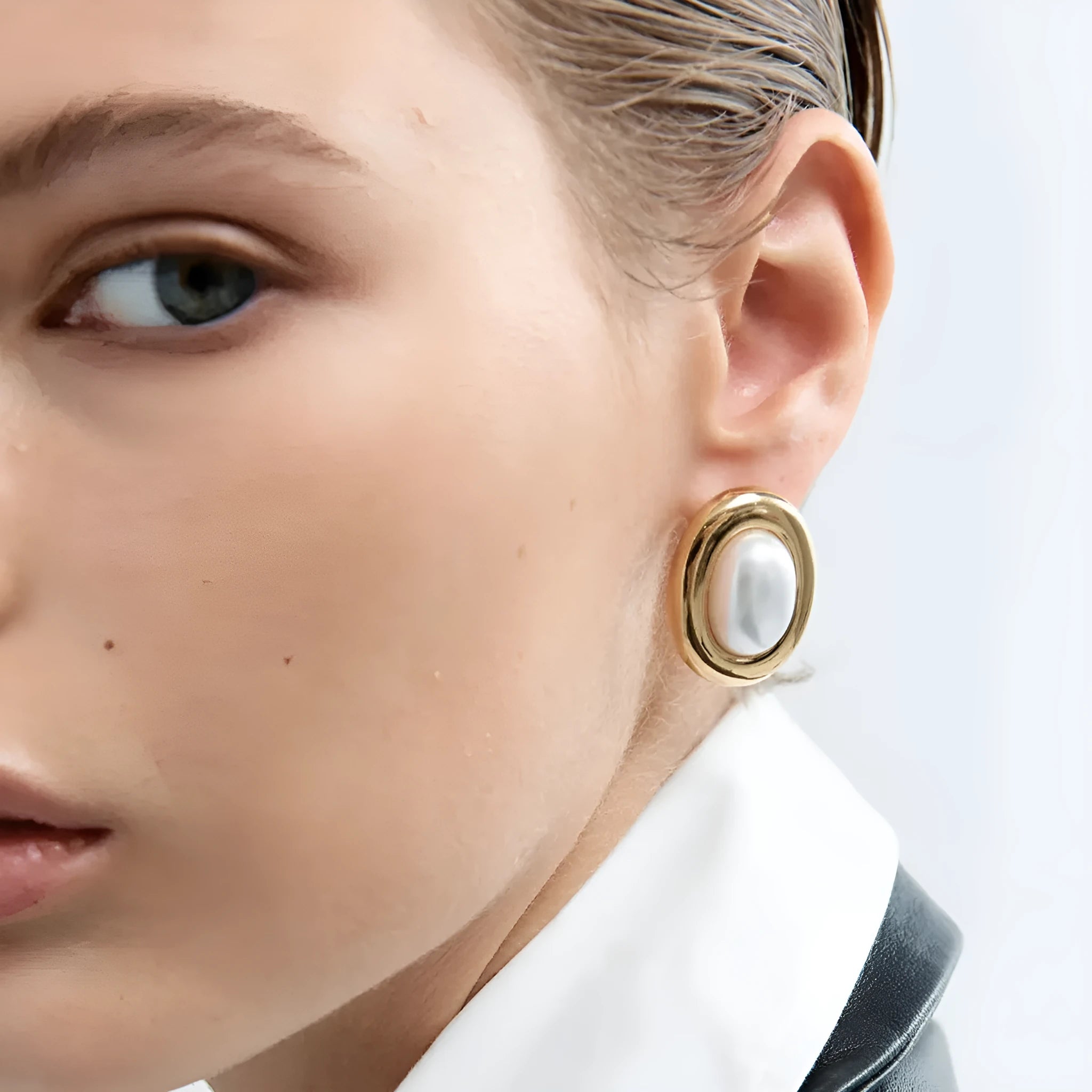 Stainless steel vintage pearl ear studs for women with silver tone finish and electroplated surface