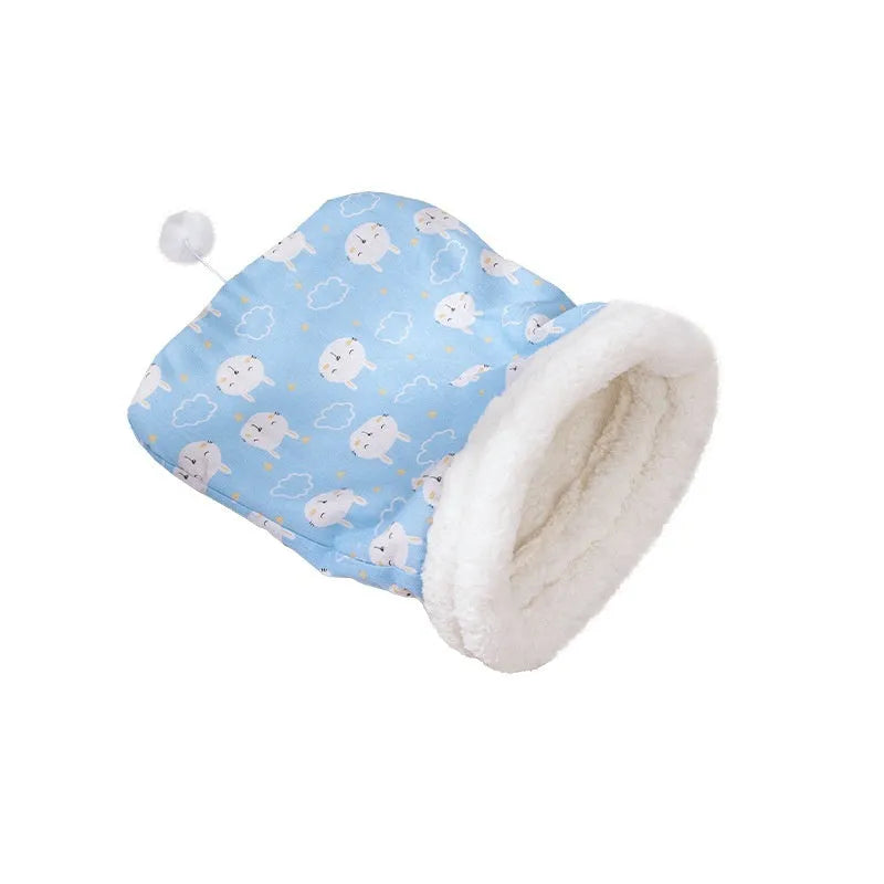Blue rabbit print flannel cat sleeping bag nest bed measuring 50 by 40 centimetres.