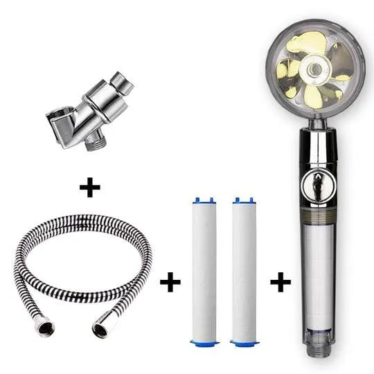 Blue handheld shower head with stop button and turbo nozzle on a chrome bracket.