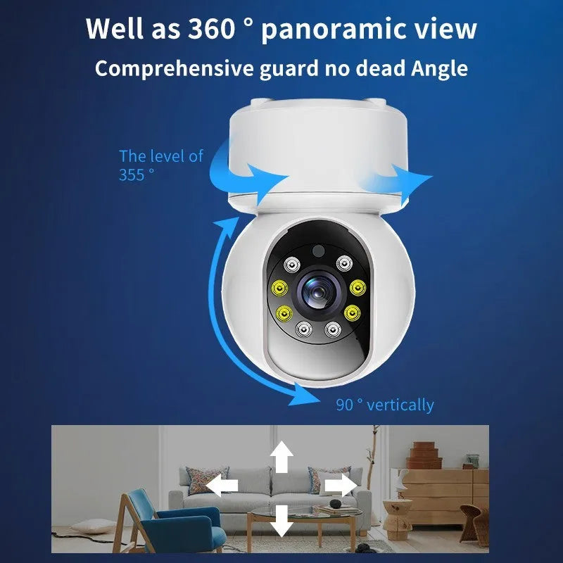 White wireless indoor 360-degree smart security camera on a stand for home monitoring.