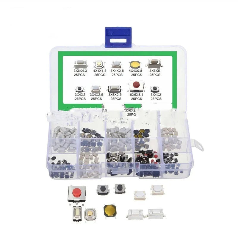 Box containing 250 silver SMT tactile push button switches for surface mount soldering onto circuit boards.