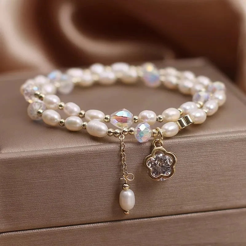 Pearl cherry blossom bracelet double-layer with flower pendant for women light luxury jewellery