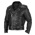 Men's black PU leather motorcycle biker jacket with punk style, regular fit, 50cm length
