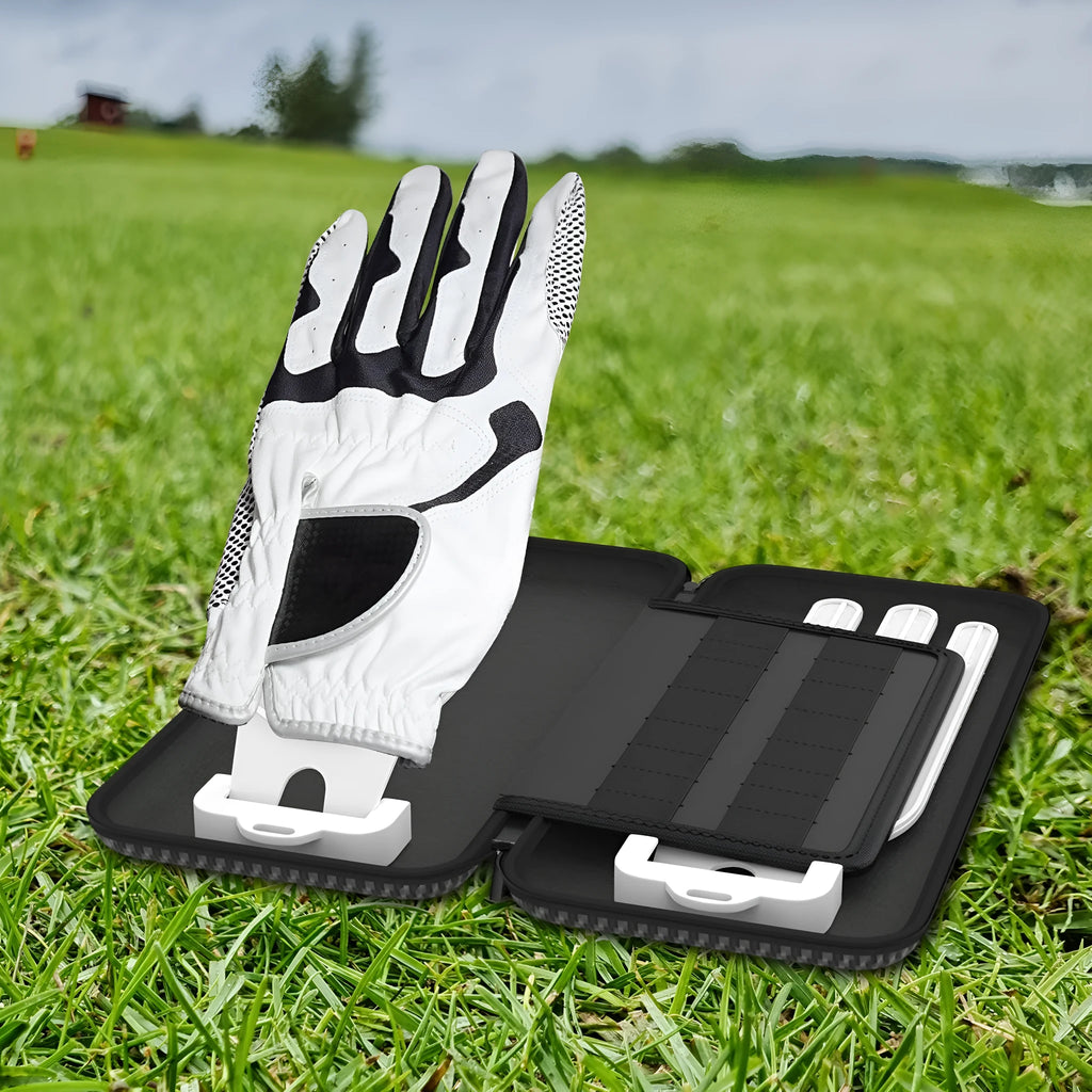 Silver grey golf double glove storage bag with two accessory brackets and carrying handle