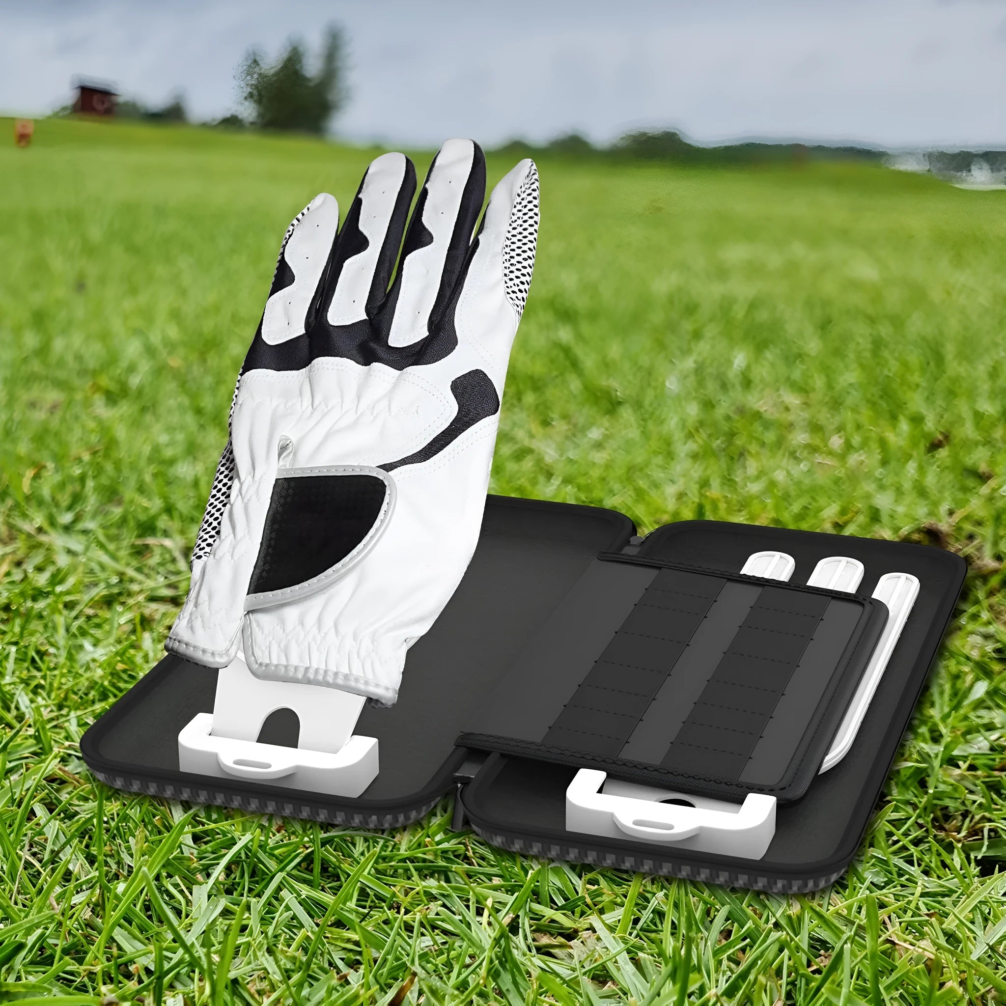 Silver grey golf double glove storage bag with two accessory brackets and carrying handle