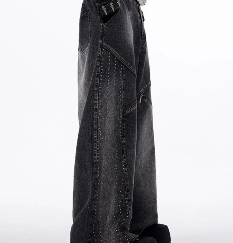 Black and grey wide leg pants with structure zipper and matching waistcoat set