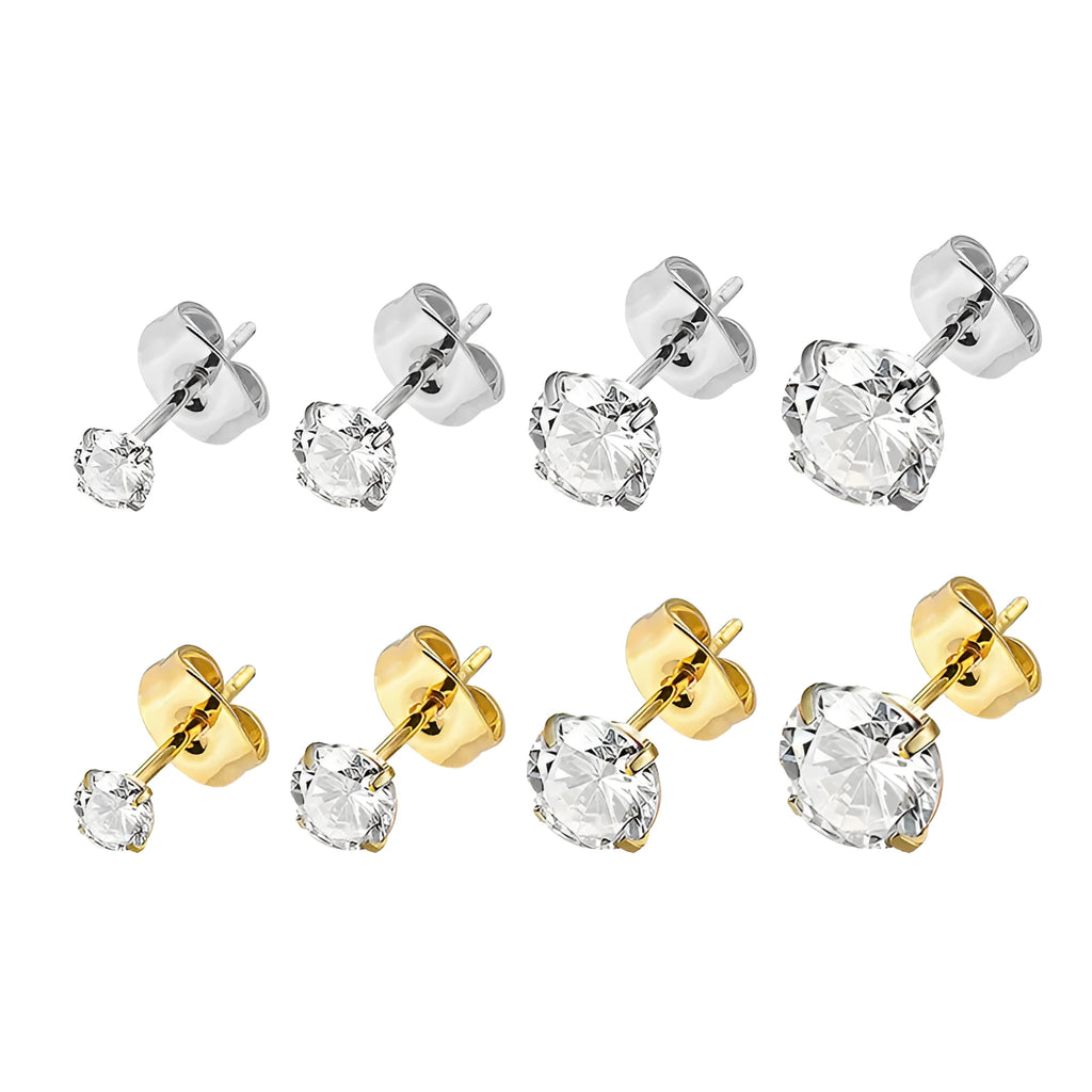 Titanium steel geometric square zircon stud earrings set with 14 pairs in 2mm to 8mm sizes