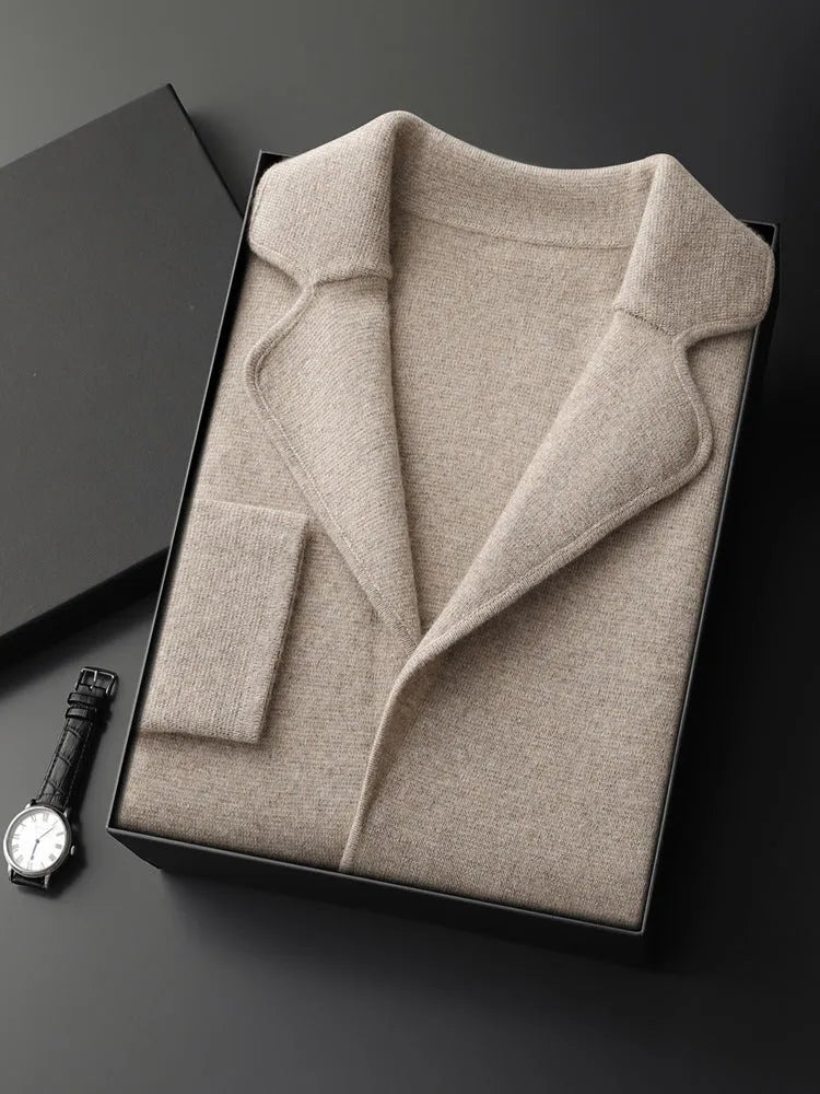 Men's cashmere cardigan knitted jacket in loose fit casual style showing colour options
