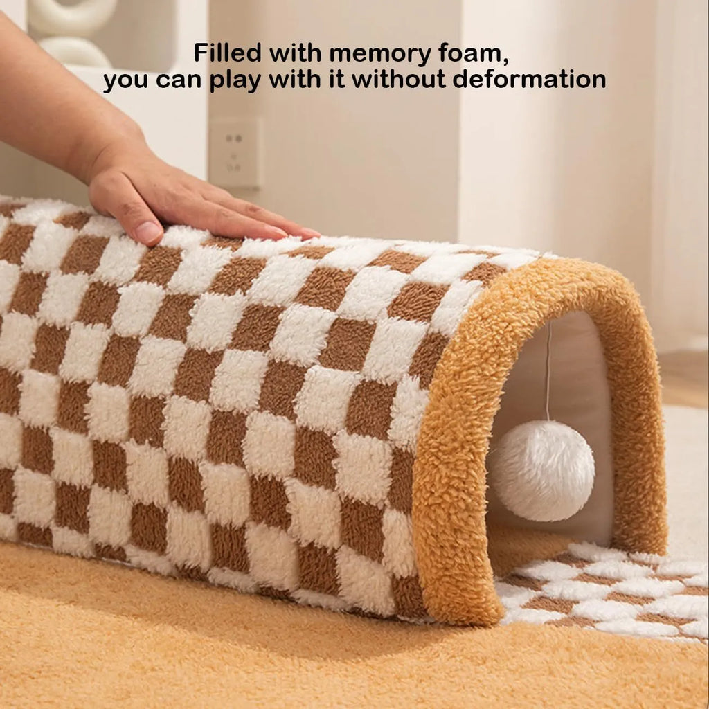 XL coffee and yellow plush 2-in-1 pet bed with a sleeping mat and attached tunnel, showing anti-slip base.