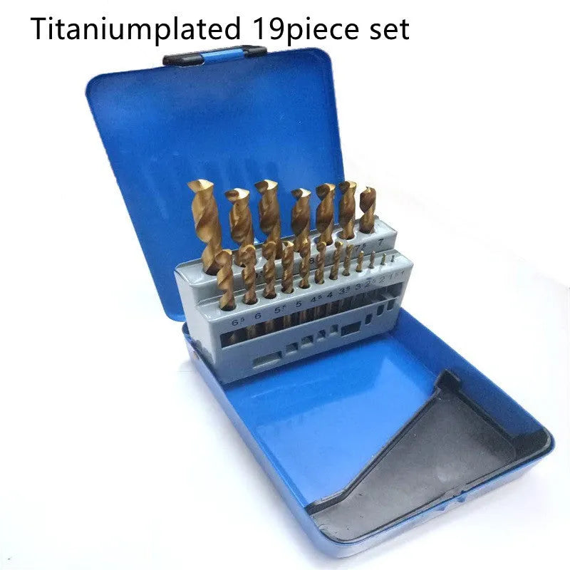 19 25-piece set of high-speed steel twist drill bits with round shank and 118-degree point for wood and metal drilling