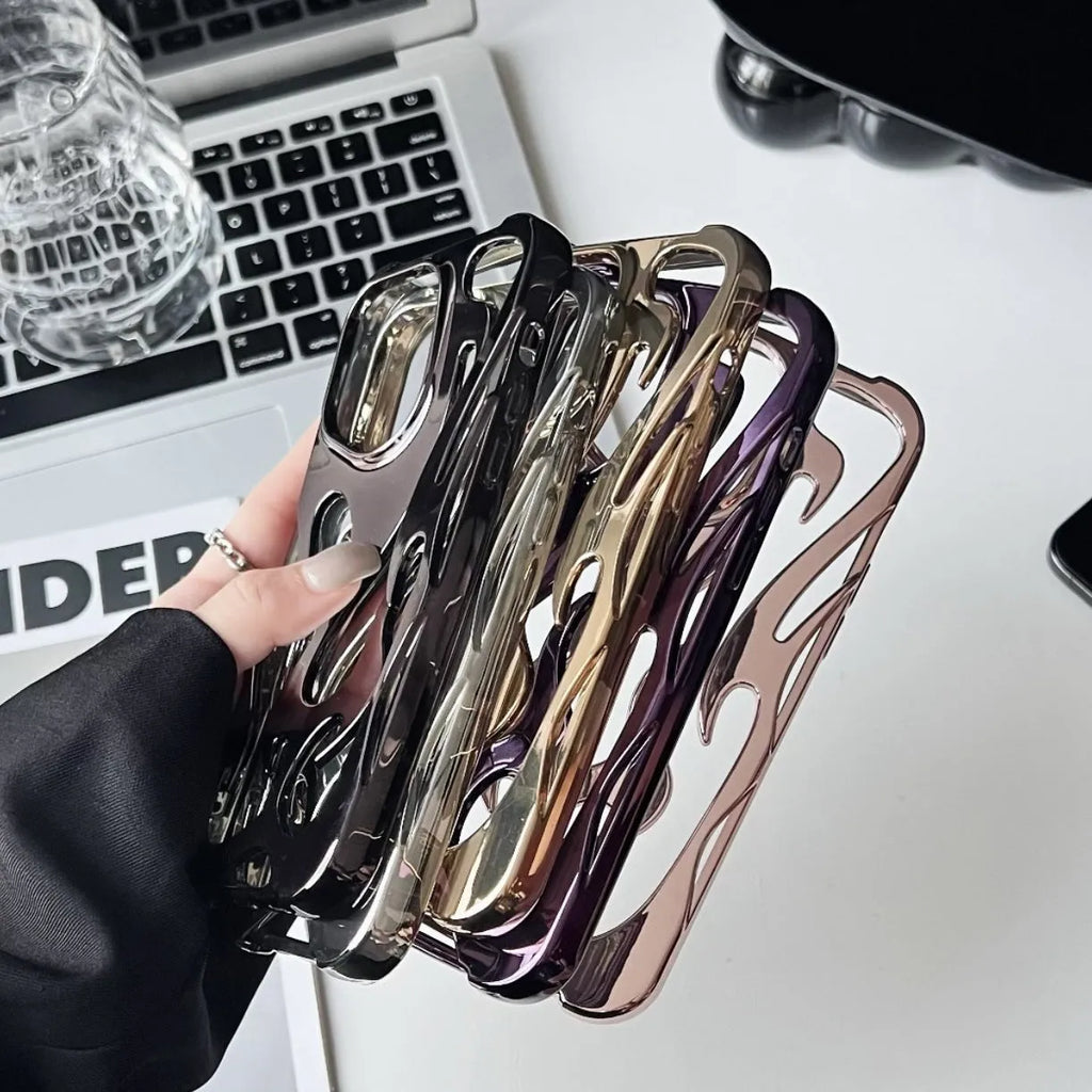 Electroplated hollow flame pattern soft TPU phone case for Apple iPhone, shown in silver on a dark background.