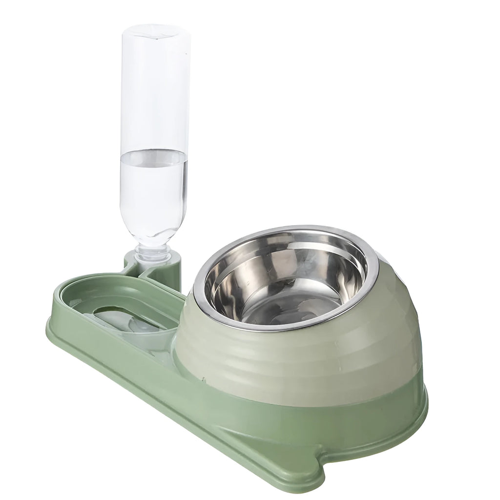 Brown automatic cat water dispenser and elevated food bowl set on a floor.