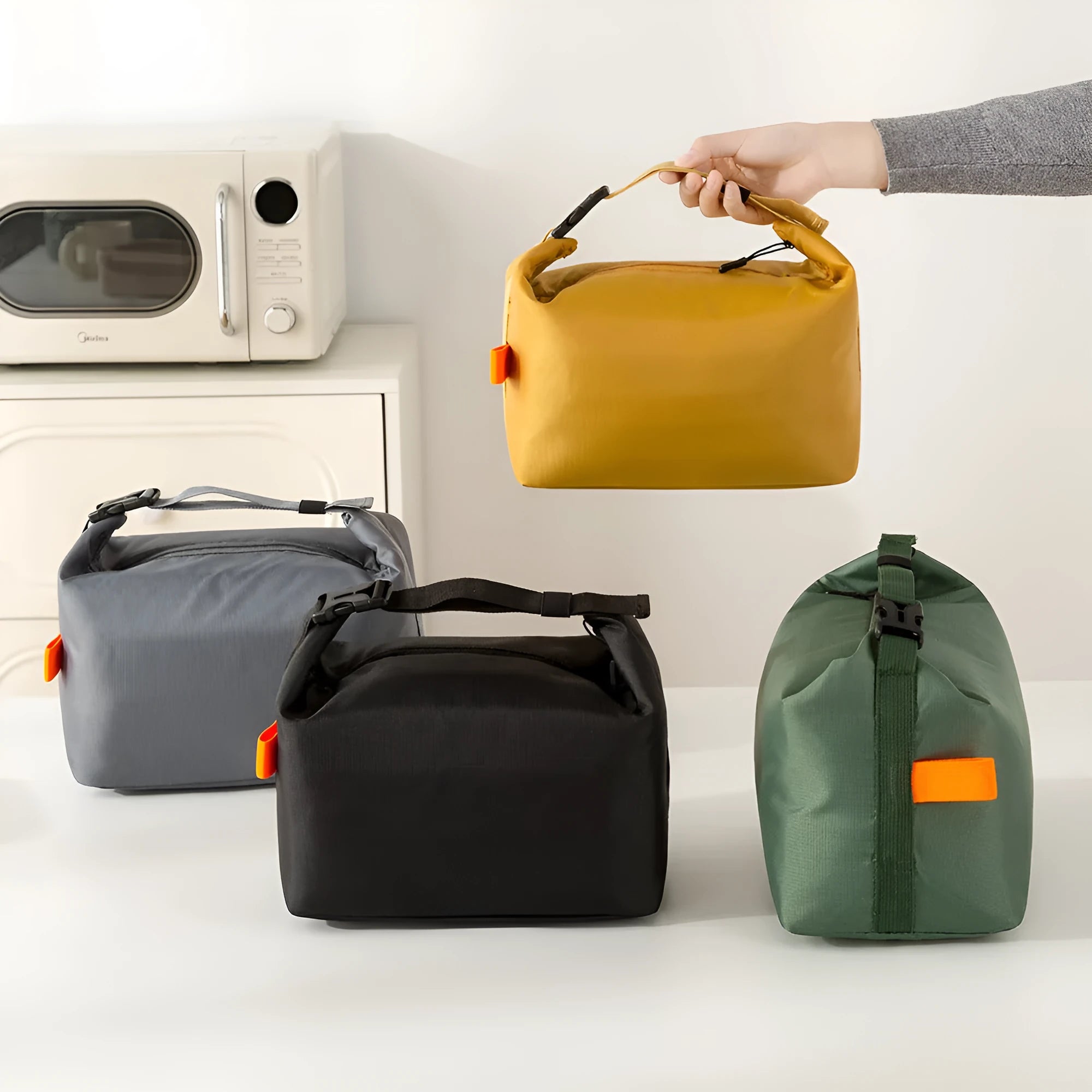 Japanese-style insulated food bag in Oxford cloth, shown in army green colour.