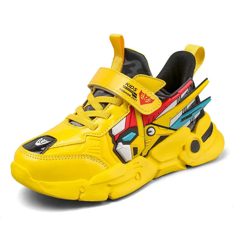 Boy's artificial leather sneakers with Velcro fastening in yellow, black red, or lake blue with cartoon pattern