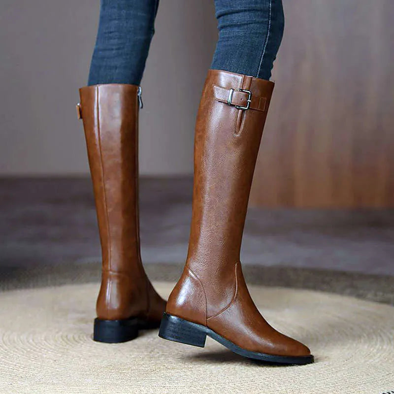 Black or brown knee high boots with low chunky heel and round toe, microfiber upper, sizes 35-40.