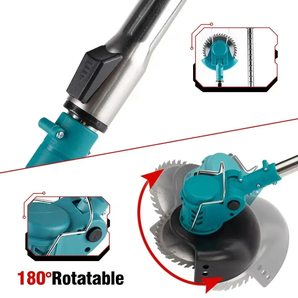 Folding lithium electric lawn mower with telescopic handle, circular blade, and wheels on grass