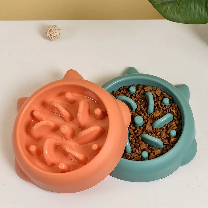 Pet slow feeder bowl in green with fun-shaped obstacles to slow eating and prevent gulping