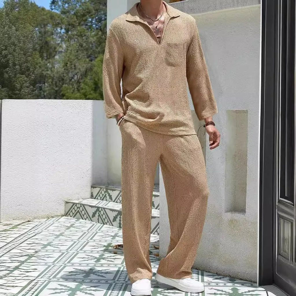 Men's casual shirt and trousers set in a choice of colours including lake blue and khaki.