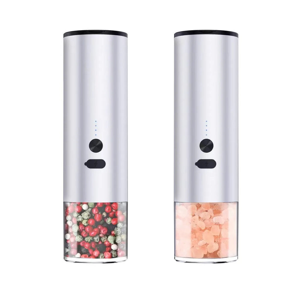 USB rechargeable electric pepper grinder with clear glass jar and LED light