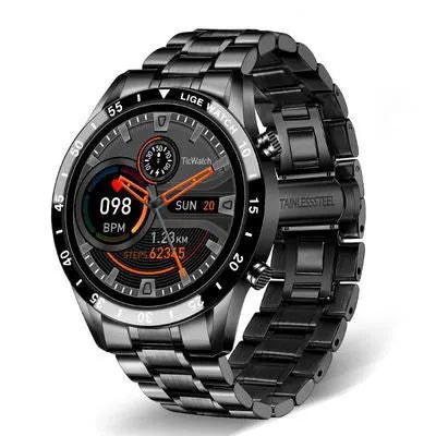 Silver stainless steel smart watch with black touch screen displaying step count