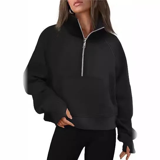 Women's loose lapel fleece-lined sweater in apricot colour with raglan sleeves