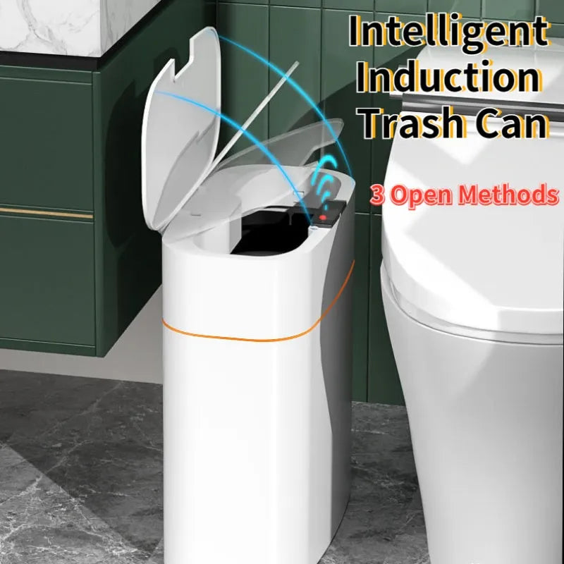 White smart dustbin with automatic sensor lid open, showing 16L capacity.