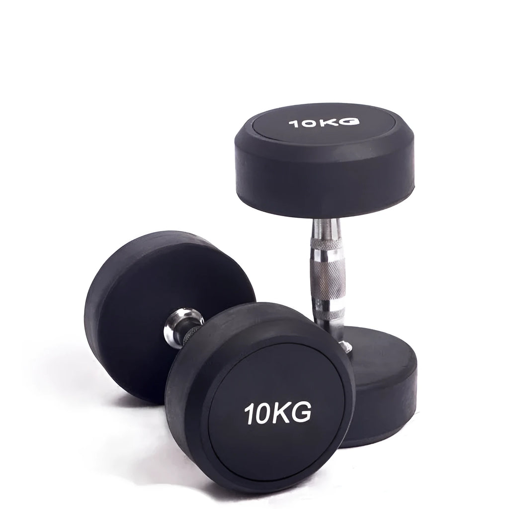 Black rubberized cast iron round head dumbbell on floor, available in 1kg 2.5kg and 5kg weights