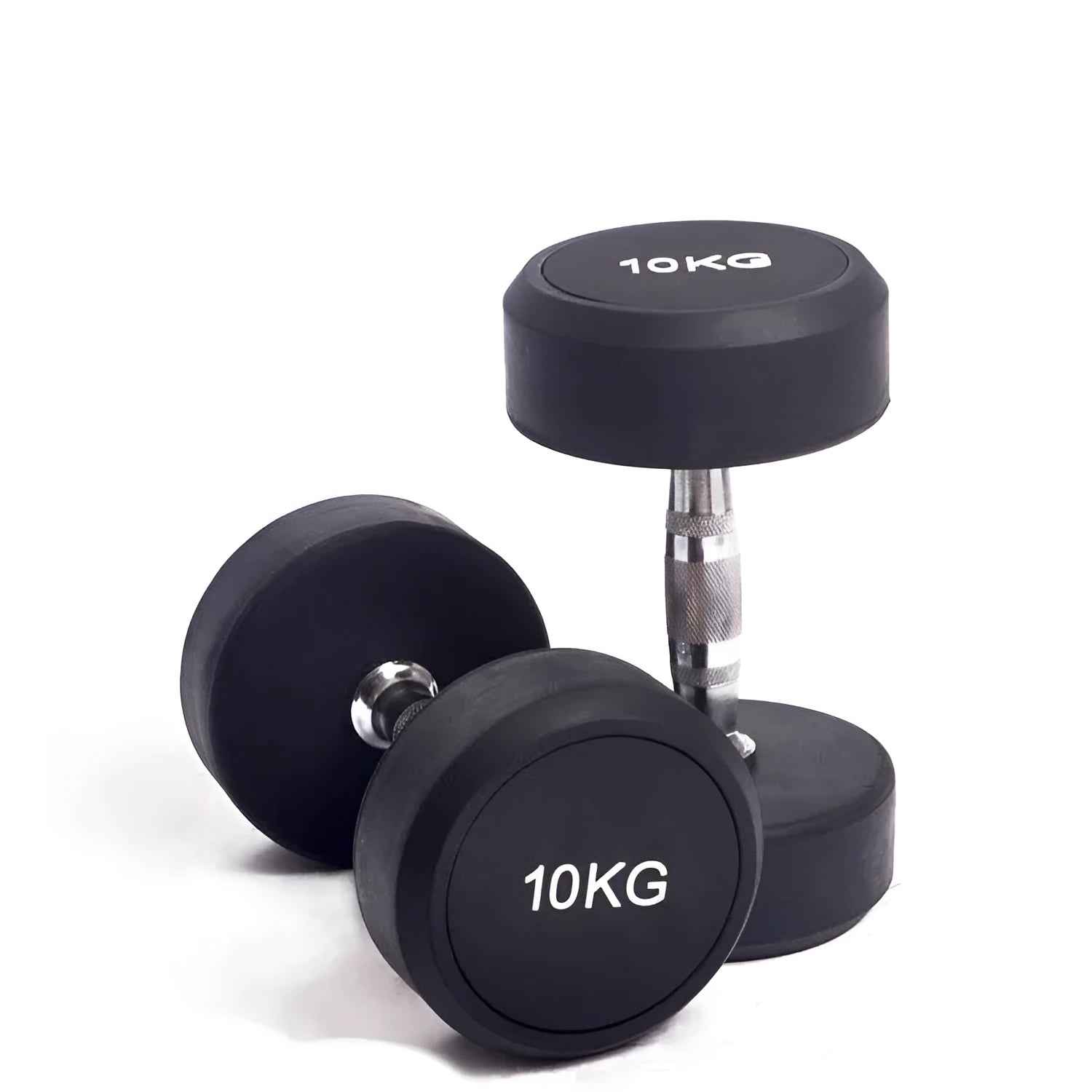 Black rubberized cast iron round head dumbbell on floor, available in 1kg 2.5kg and 5kg weights
