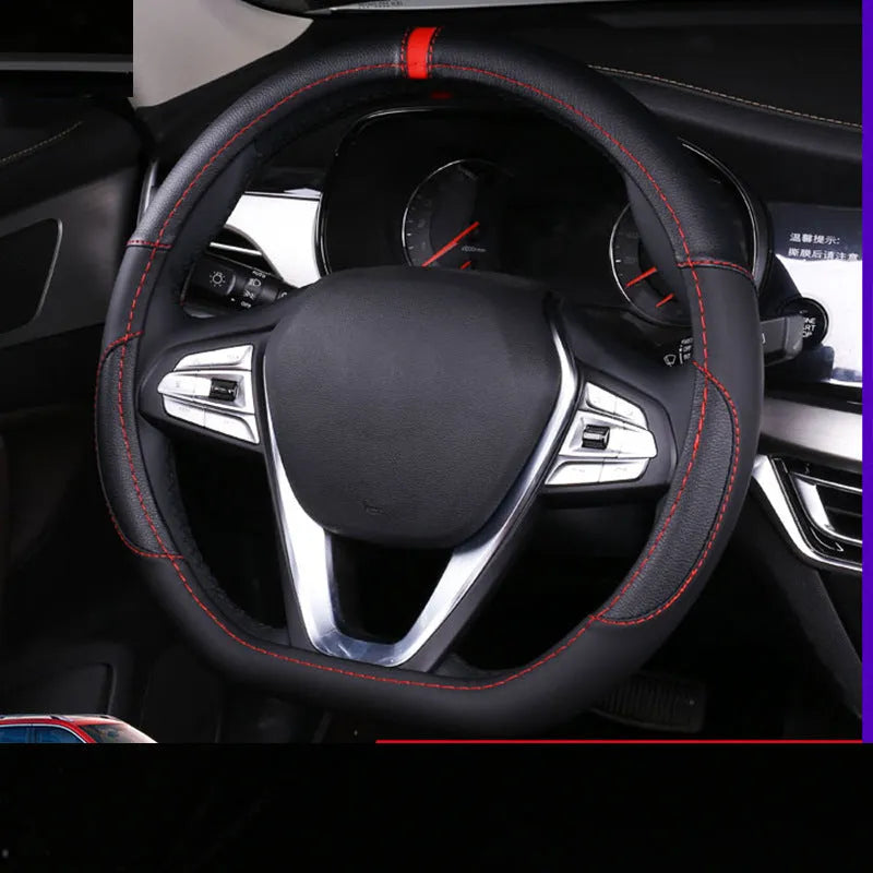 Leather steering wheel cover showing round and D-shaped styles in multiple colours for 38cm diameter wheels