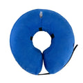 Blue inflatable recovery collar for dogs and cats with size chart showing measurements