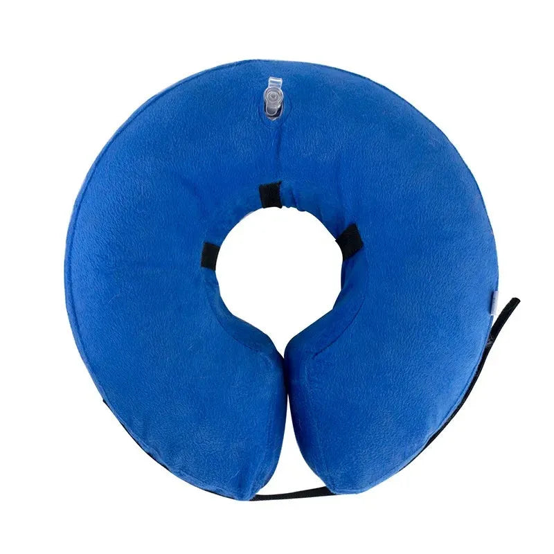 Blue inflatable recovery collar for dogs and cats with size chart showing measurements