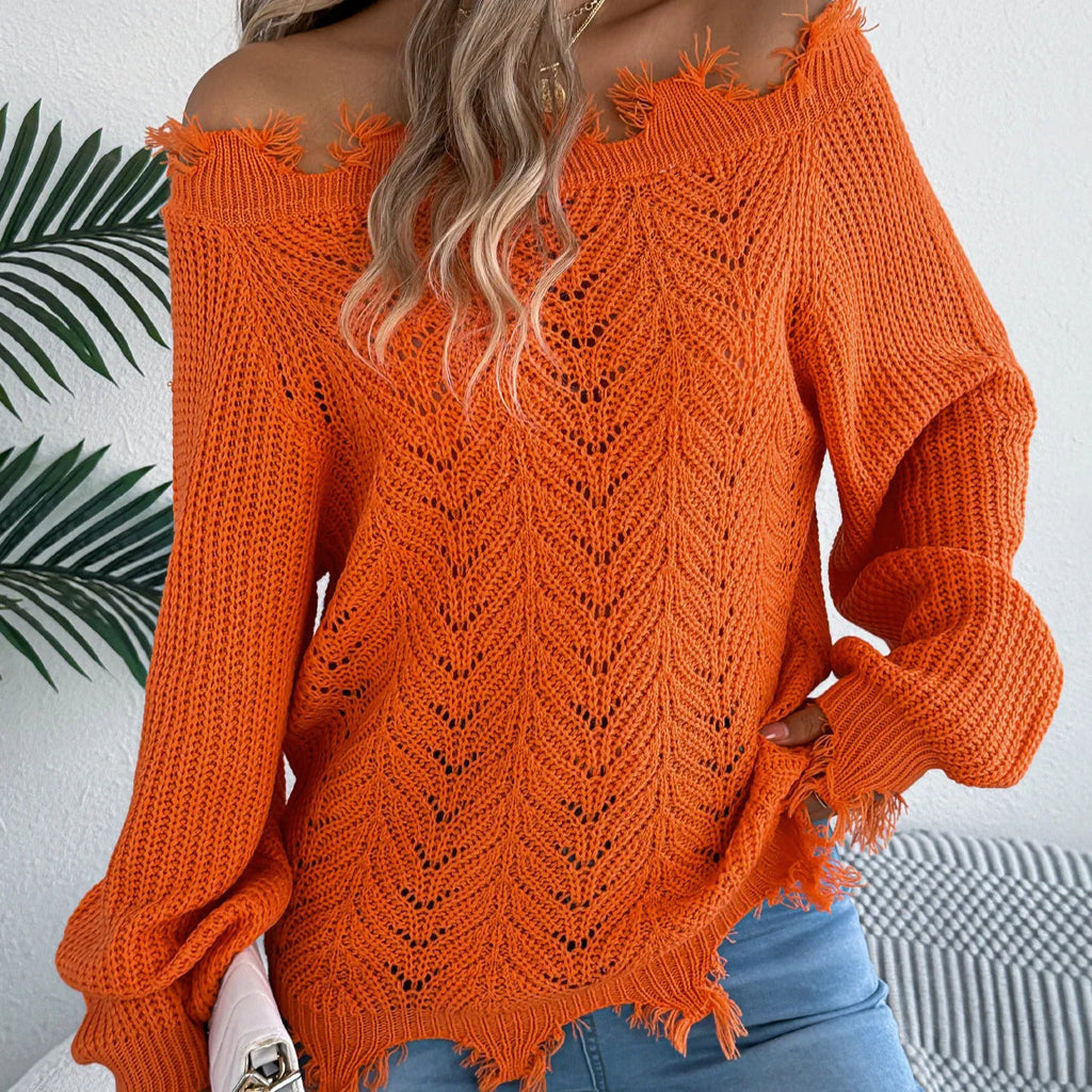 Hollow-out cut off-the-shoulder pullover sweater in artificial wool shown in black, orange, and white colours