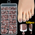 120 piece boxed set of full square short artificial toenails with French white edge design on nude base