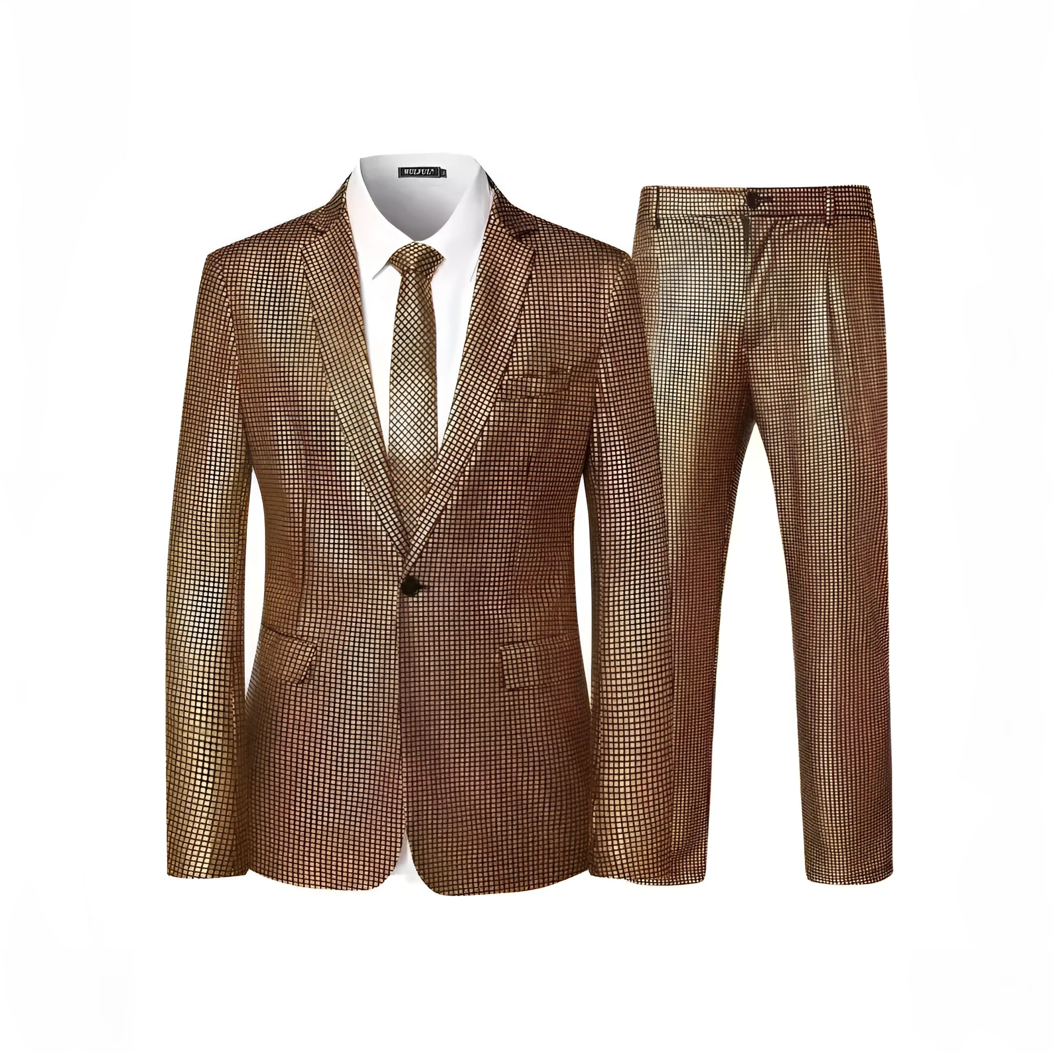 Two-piece sequin dress set in brown with matching coat and trousers for wedding host party performance