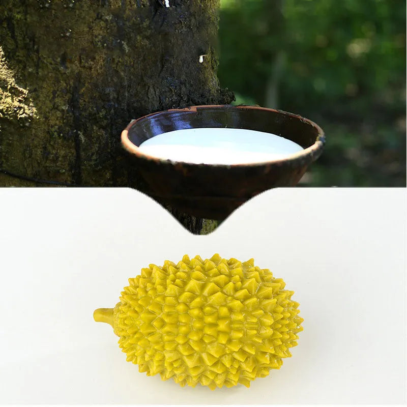 Colourful durian-shaped dog chew toy with textured surface and a squeaky ball