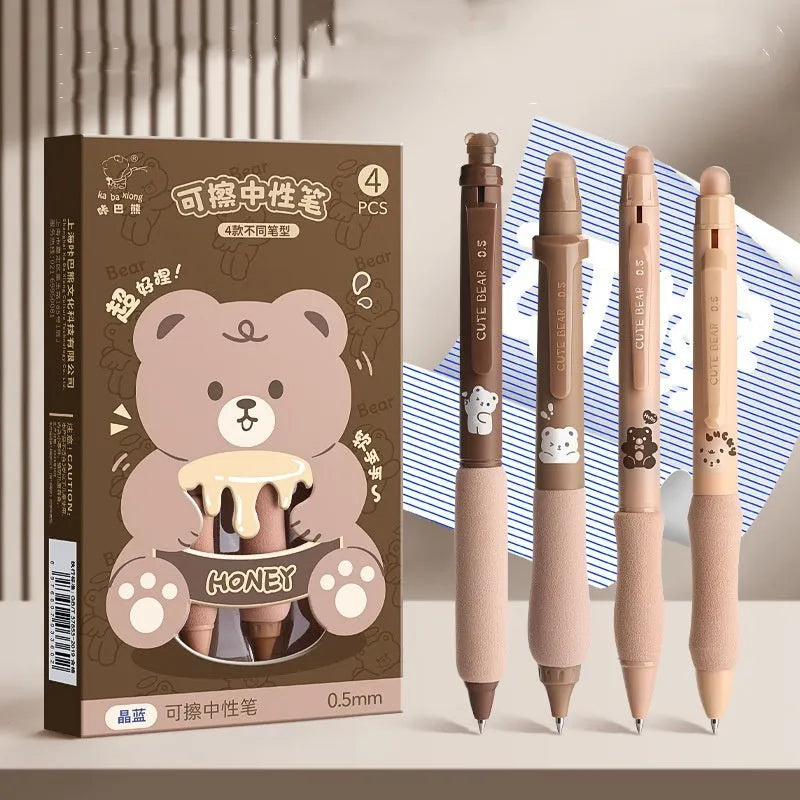 Erasable cartoon press gel pen with 0.5mm tip showing Aerospace and Panda design options.