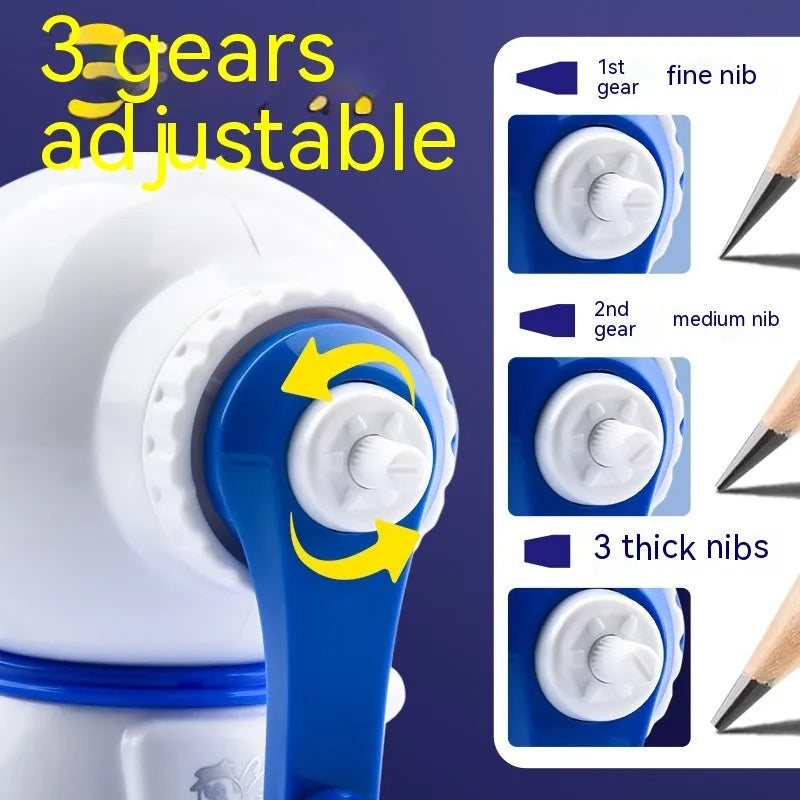 Astronaut-themed manual pencil sharpener with anti-jam mechanism for 2mm leads in blue or pink colour